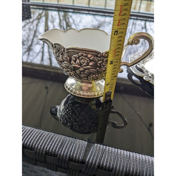 Silverplate Embossed Floral Vtg Sugar Bowl Creamer w Tray White Porcelain Rare - Picture 11 of 16